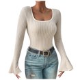 thumbnail image 1 of AherBiu Crop Tops for Women Ribbed Flare Long Sleeve Square Neck Slim Tight Basic Spring Shirt Blouse, 1 of 7