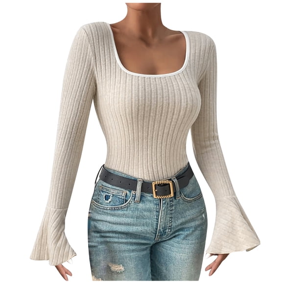 AherBiu Crop Tops for Women Ribbed Flare Long Sleeve Square Neck Slim Tight Basic Spring Shirt Blouse