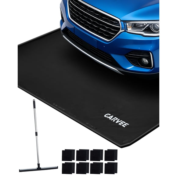 8'6" x 20' Heavy Duty Non-Slip Garage Floor Mat, Waterproof 1000D PVC Containment Parking Mat with 1.2" Raised Edge, Easy Clean, Squeegee & 8 Fasteners – Snow, Rain, Mud Protection, Black