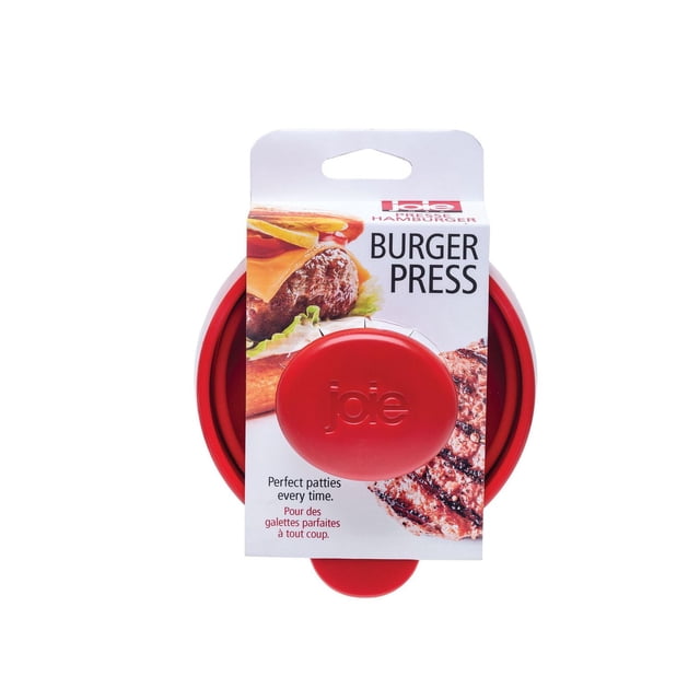 JOIE BURGER PRESS in red plastic with a round plunger and lifter handle, featuring interior markings for ¼ lb, ⅓ lb, and ½ lb patties, designed for shaping consistent burger patties, shown in retail packaging with grilled burger and sandwich images.