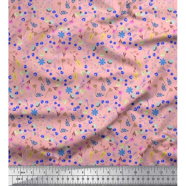 Soimoi Pink Poly Georgette Fabric Leaves,Insect & Floral Artistic Decor Fabric Printed BTY 52 Inch Wide