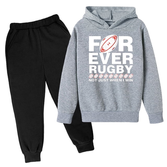 WEIYLL Outfits for Boys Sets Hooded Football Personality Letter Printed Pants Football Rugby Activity Grey Suits 13-14 Years