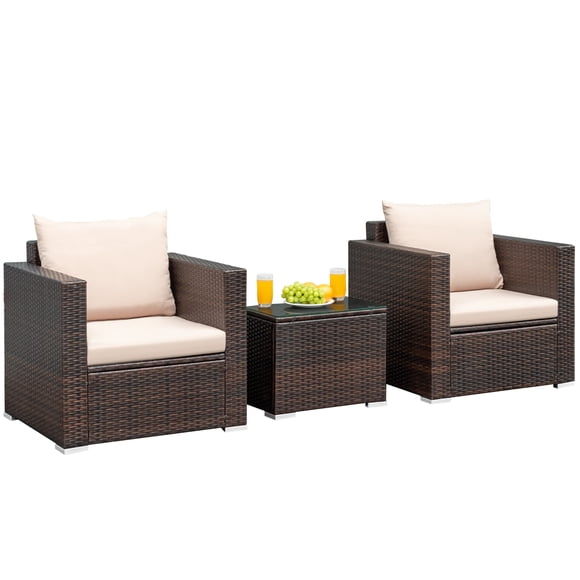 Patiojoy Ensemble de Mobilier de Patio en Rotin 3 Pcs avec 2 Sofas Coussinés et Table à Café pour l'Extérieur Brun