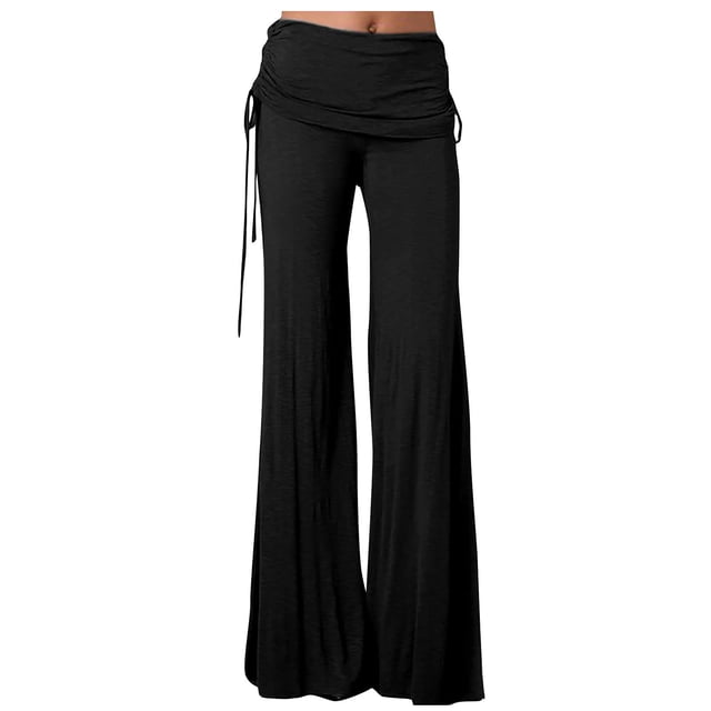 Timegard Plus Size Pants for Women Wide Leg Ruched Drawstring Flare Leggings Casual Comfy Trousers