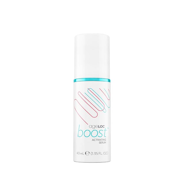 Nu Skin ageLOC Sérum Activateur Boost en Bouteille Blanche de 40 ml (1,35 fl oz) avec accent Sarcelle et design de Lignes Moderne. Conçu pour Fonctionner avec l'Appareil ageLOC Boost, Ce Sérum facial Comprend des Ingrédients Éclaircissants, un Mélange Repulpant Hydratant, des Exfoliants Doux et le Mélange ageLOC Propriétaire pour Cibler les Premiers Signes de Vieillissement pour une Peau Visiblement Plus Rebondissante et Éclatante.