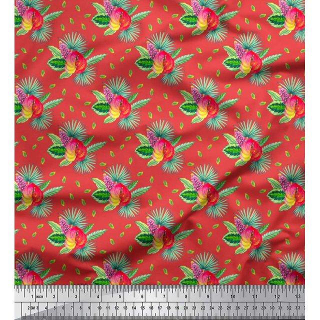 Soimoi Poly Georgette Fabric Leaves Tropical Print Sewing Fabric Yard 42 Inch Wide