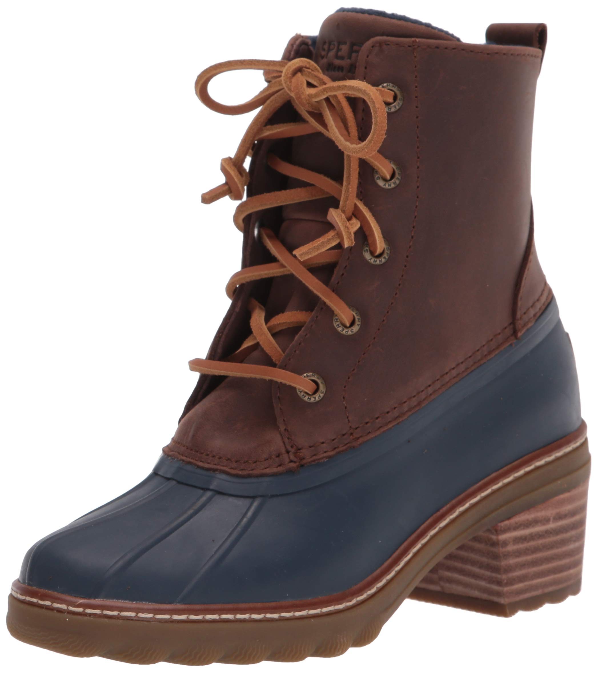 Sperry Women's Saltwater Heel Rain Boot, Brown/Navy, 9.5
