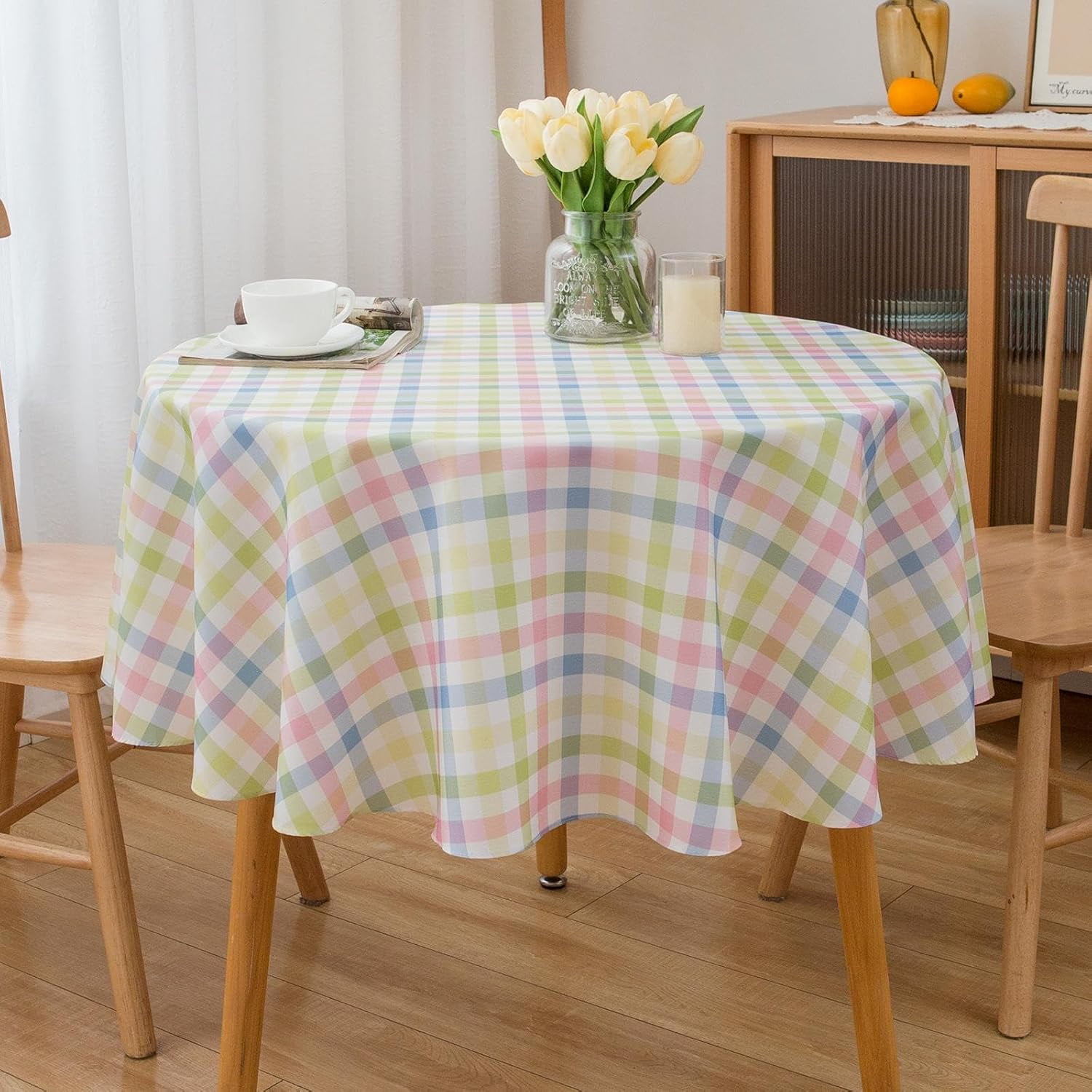 Nappe de Printemps à Carreaux Vichy Verts de Pâques Ronde 60 Pouces - Rose Vert Bleu Blanc Pastel à Carreaux Plaid Nappe 60 Pouces Nappe en Polyester Housse de Table Réutilisable Résistante à l'Eau pour Décor de la Saint-Valentin Printanière