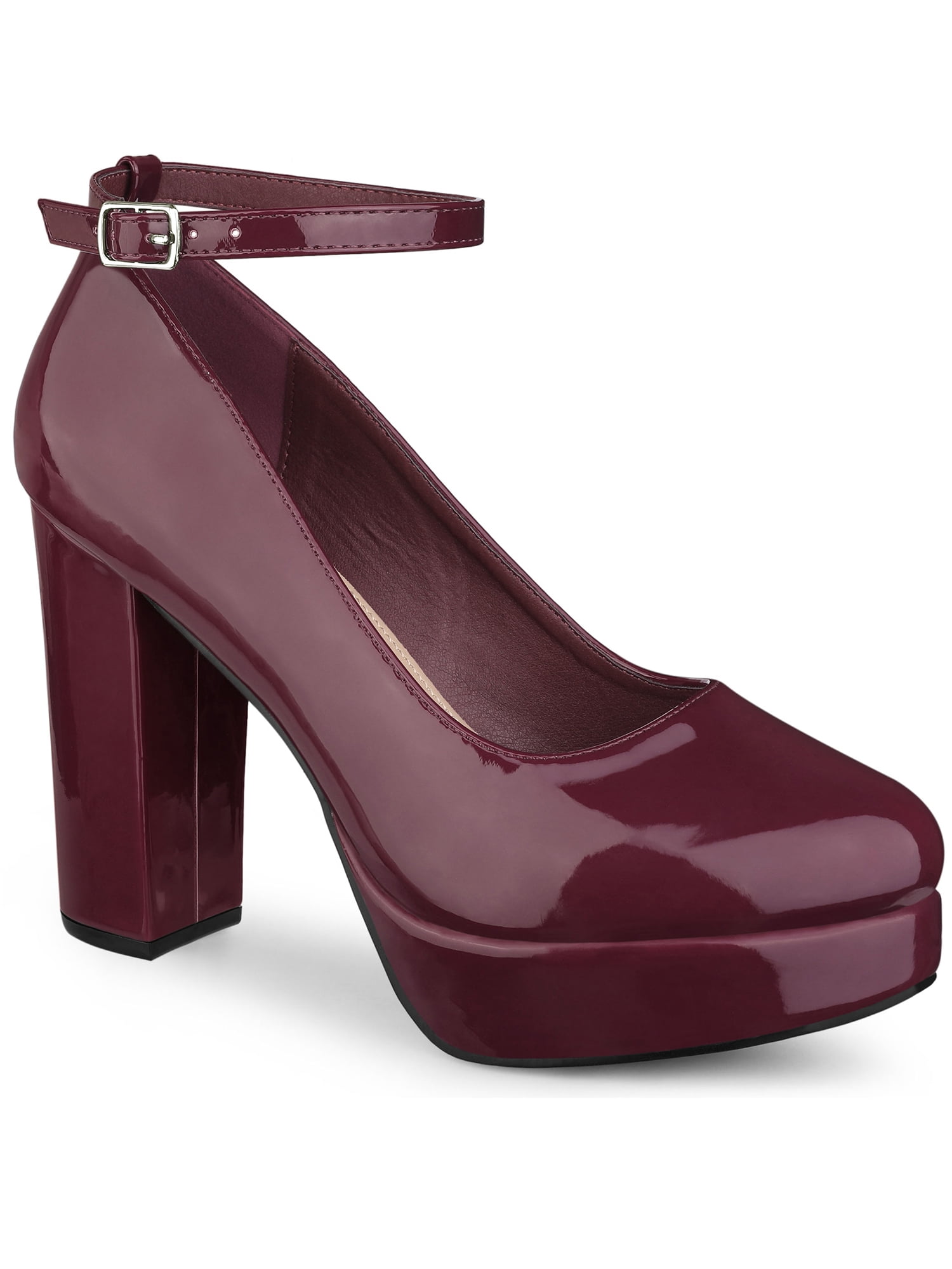 BLISSFUL STEP Women's Block Heel Pumps Platform Ankle Strap Round Toe Heel Burgundy 7