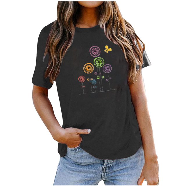 EQWLJWE Hauts d'Été pour Femmes Hauts pour Femmes Liquidation Femmes T-shirt Décontracté Imprimé Col Rond Manches Courtes Chandail Blouse Hauts