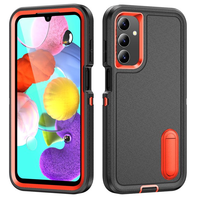 Samsung Galaxy A15 case with built-in kickstand, shown in a dual-view image. The case features a rugged black and orange design with raised edges for screen and camera protection. It is military-grade shockproof, drop-proof up to 20 feet, and includes a hidden kickstand for adjustable viewing angles. Compatible with the 6.5-inch Samsung Galaxy A15.