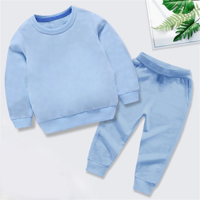 LSLJS Ensemble Automne Hiver pour Tout-Petits Garçons Filles, Bonbon, Couleur Unie, Chandail à Col Rond et Pantalon de Jogging ( Bleu Pâle, 5-6 Ans )