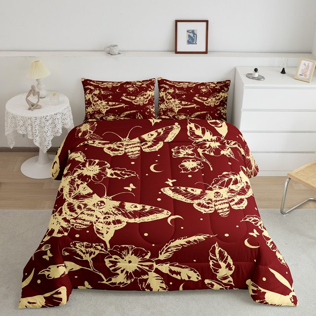 Erosebridal Gothic Moth Bedding Toddler Comforter Set, Hippie Botanical Down Comforter, Mandala Style Decor, Reversible 2pcs