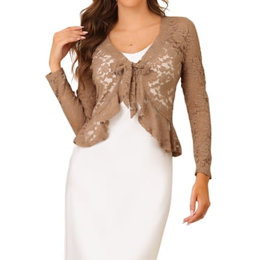 INSPIRE CHIC Boléro Court en Dentelle Florale pour Femme, Ourlet à Volants, devant à Nouer, Cardigan Court Léger, Couvre-Maillot d'Été, Kaki, TP