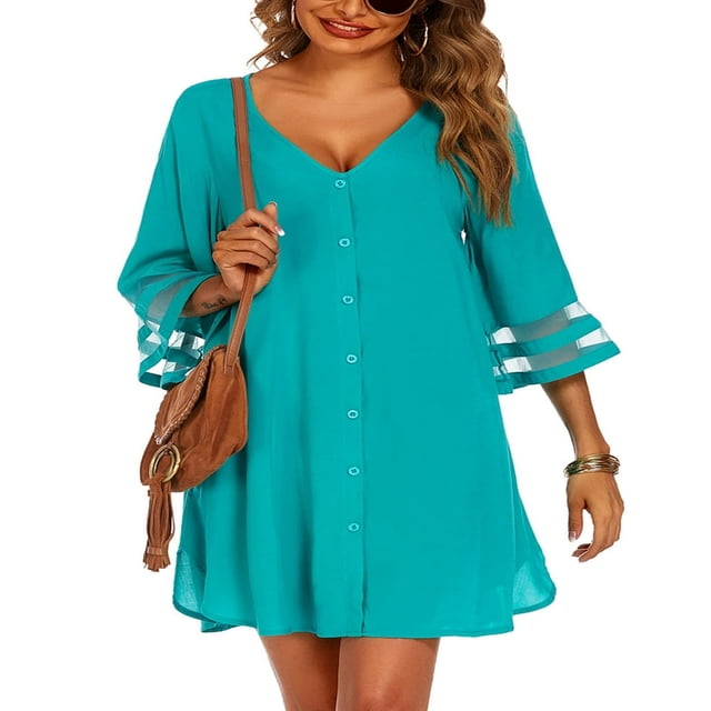 Robe de Plage en Chiffon à Manches 3/4 Boutonnée pour Femmes