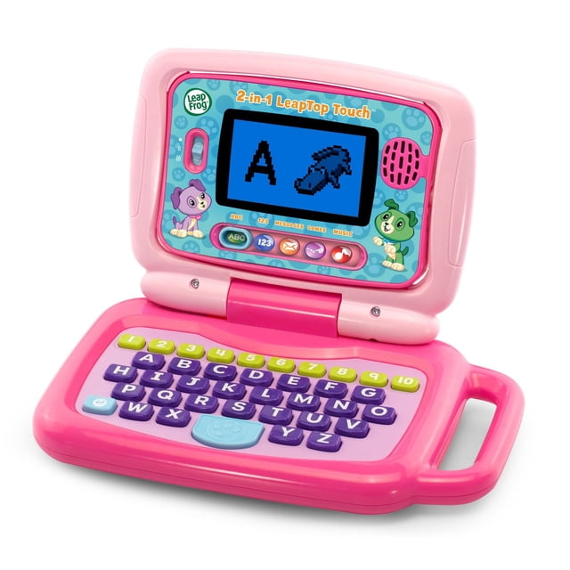 LeapFrog 2-in-1 Leaptop Touch toddler learning toy in pink with purple letter keys and yellow number buttons 1-10, featuring a flip-open design with a handle and a screen showing the letter A and hammer icon in tablet mode, offering interactive ABCs, numbers, games, music, and messages modes for early learning.