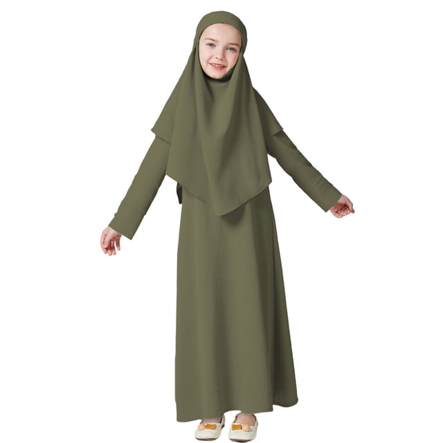 MEZZALL Robe pour Filles à Manches Longues Robe de Prière Hijab pour Enfants Filles Abaya Classique Robe d'Été pour Tout-Petits, Vert, 7-8 Ans