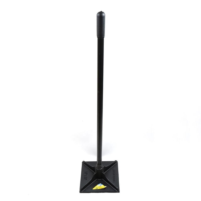 Tamper 10" x 10" With 44" Steel Handle with a centered front view showing a 10 by 10 inch hardened metal square head and a 44-inch heavy-duty steel handle with a textured grip, suitable for compacting dirt, stone, and other materials in landscaping and construction projects.
