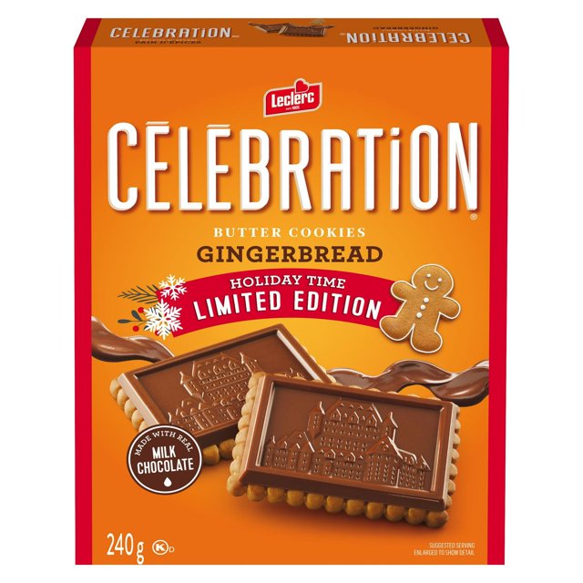 Celebration Gingerbread Milk Chocolate Top Cookie 240g box showing butter gingerbread cookies topped with real milk chocolate embossed with a castle design, limited edition holiday packaging in orange and red, ideal for festive snack occasions.