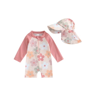 Gupgi Baby Girls Floral Rash Guard with Hat, 3M 6M 12M 24M 3T Toddler Beach Bathing Suit Long Sleeve Tropical Tree Print Zipper Swimwear