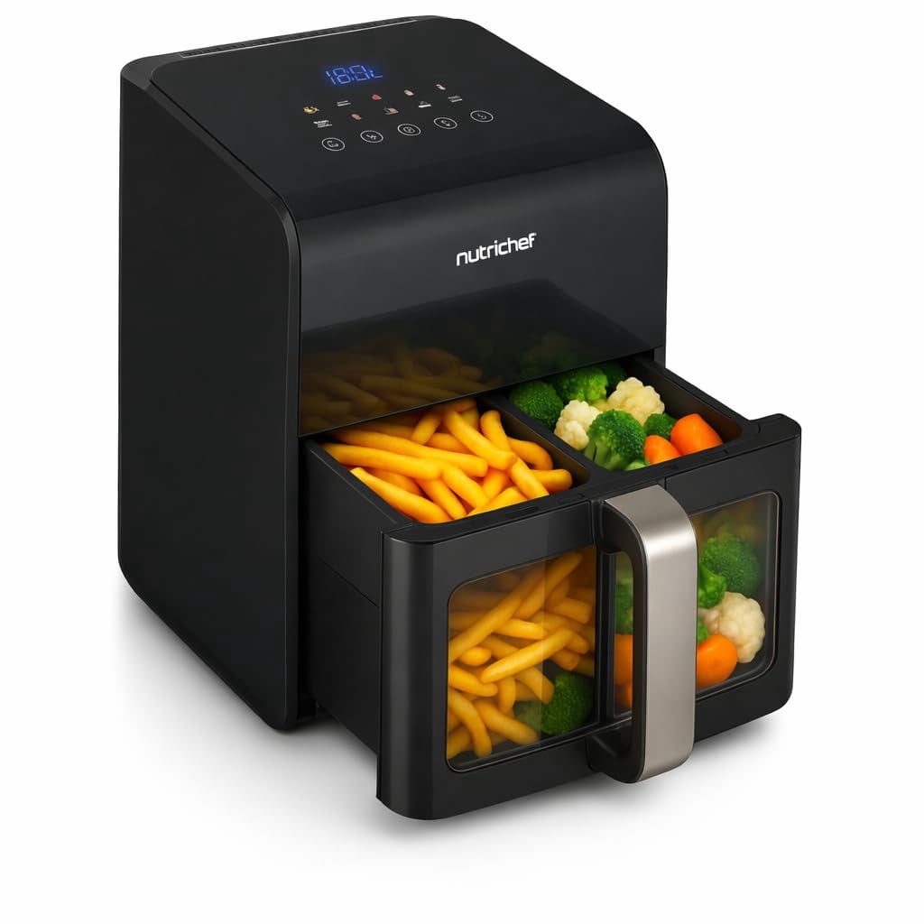 Nutrichef Electric Air Fryer Large 6.3 Quart Capacity | 12-1 Preset Cooking Functions | Includes Tenderizing Function | Digital Display | Transparent Window For Best Cooking Results | Black
