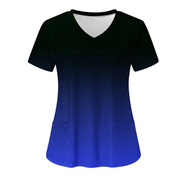 TIMIFIS Bleu Foncé Tuniques Médicales pour Femmes Uniformes d'Infirmières Professionnelles Hauts d'Été Dégradé Col en V Manches Courtes Hauts Médicaux Décontractés Tenue de Travail avec Poches Printemps/été