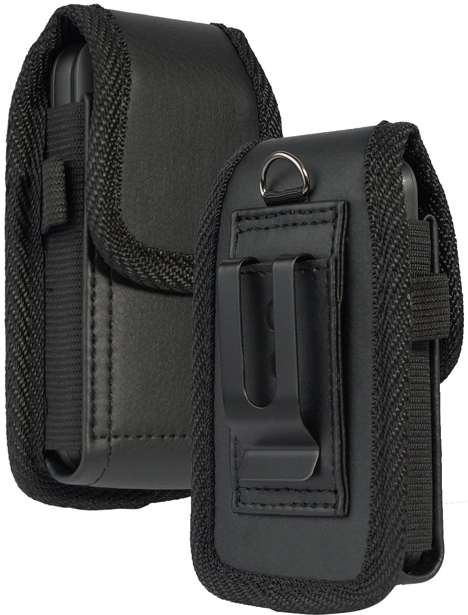 Flip Phone Case, Nakedcellphone Black Vegan Leather Vertical Pouch [Belt Loop, Metal Clip, Magnetic Closure] for Alcatel MyFlip 2 A406DL, Nokia 2720 V
