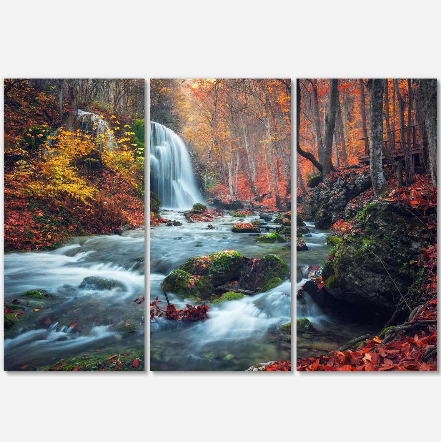 Designart Autumn Mountain Waterfall Long View Canvas Wall Art
