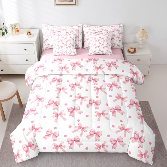Erosebridal Princess Bowknot Bedding Sets Full Size, Pink Ribbon Comforter Sets with Sheets, Cartoon Theme Decor, Reversible 7pcs