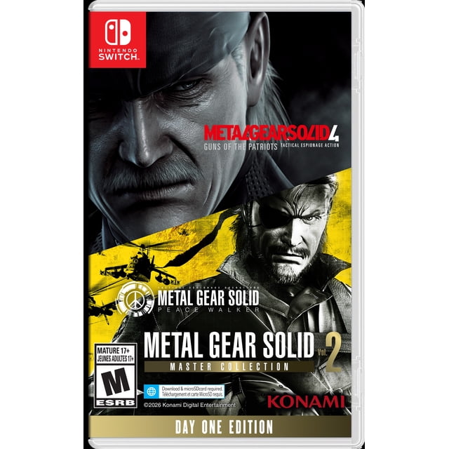 Metal Gear Solid: Master Collection: Vol 2 Nintendo Switch game cover featuring a close-up of a character's ear and white hair on a dark background with red and white Metal Gear Solid 4 text, alongside a yellow and black section depicting Metal Gear Solid Peace Walker with helicopters and tactical espionage imagery, including ESRB Mature 17+ rating, Konami logo, and Day One Edition label.