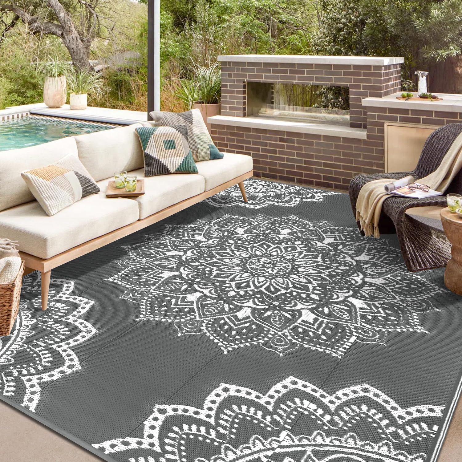 Findosom 8'x10' Waterproof Boho Outdoor Rug, Foldable Reversible Plastic Straw Rug, Large Patio Rug for Outdoors, RV, Patio, Backyard, Deck, Picnic, Beach, Camping Gray