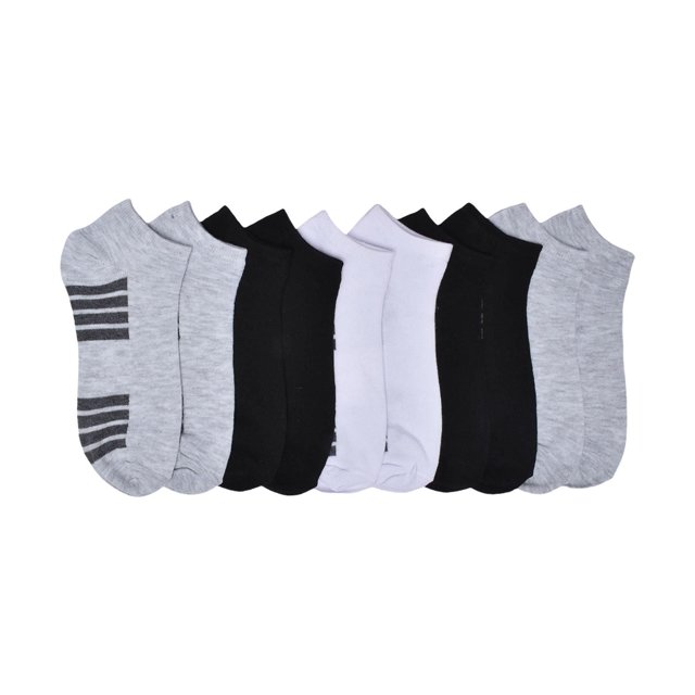 Athletic Works Chaussettes Basses pour Femmes, Lot de 10, Disposées en Ligne, Mettant en Valeur des Paires Noires, Blanches et Grises, avec Deux Paires Grises Présentant des Rayures Noires sur l'Orteil et le Talon, Faites d'Un Mélange de polyester et d'Élasthanne pour Chaussures pour Femmes Tailles 4-10, avec une silhouette à Coupe Basse, Adaptées aux Tenues Athlétiques, Décontractées et d'Entraînement Légères.