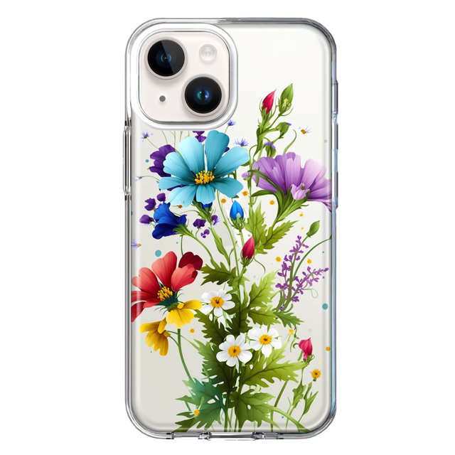 MUNDAZE Apple iPhone 14 Plus Violet Jaune Rouge Fleurs de Printemps Florales Antichoc Hybride Transparent Étui de Protection
