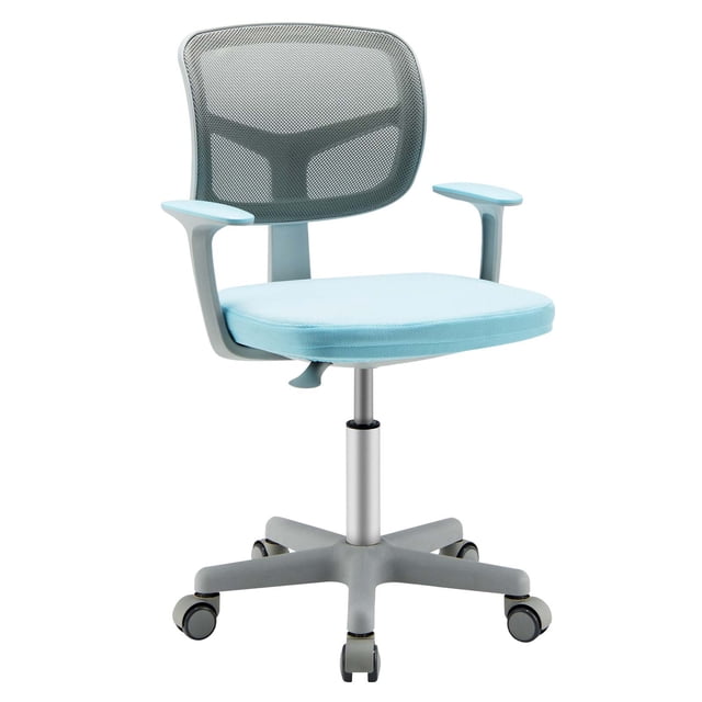 Costway Auto Lock Kids Mesh Chair with Armrests Height Adjustable 360-Degree Swivel Blue. This ergonomic kids' desk chair features a breathable mesh back, padded seat, and armrests for comfort. It is height adjustable from 31.5 to 36 inches, suitable for children aged 3-10 years. The chair includes a 360-degree swivel function and five caster wheels with an auto-lock mechanism for stability under 66 lbs of pressure. Designed for studying or reading, it promotes proper posture and long-term seating comfort.