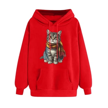 LMKIHUSA Women's Cat Sweatshirt Long Sleeve Drawstring Kawaii Print Winter Warm Pullover Sweatshirts with Pockets 2025 Red,XXL