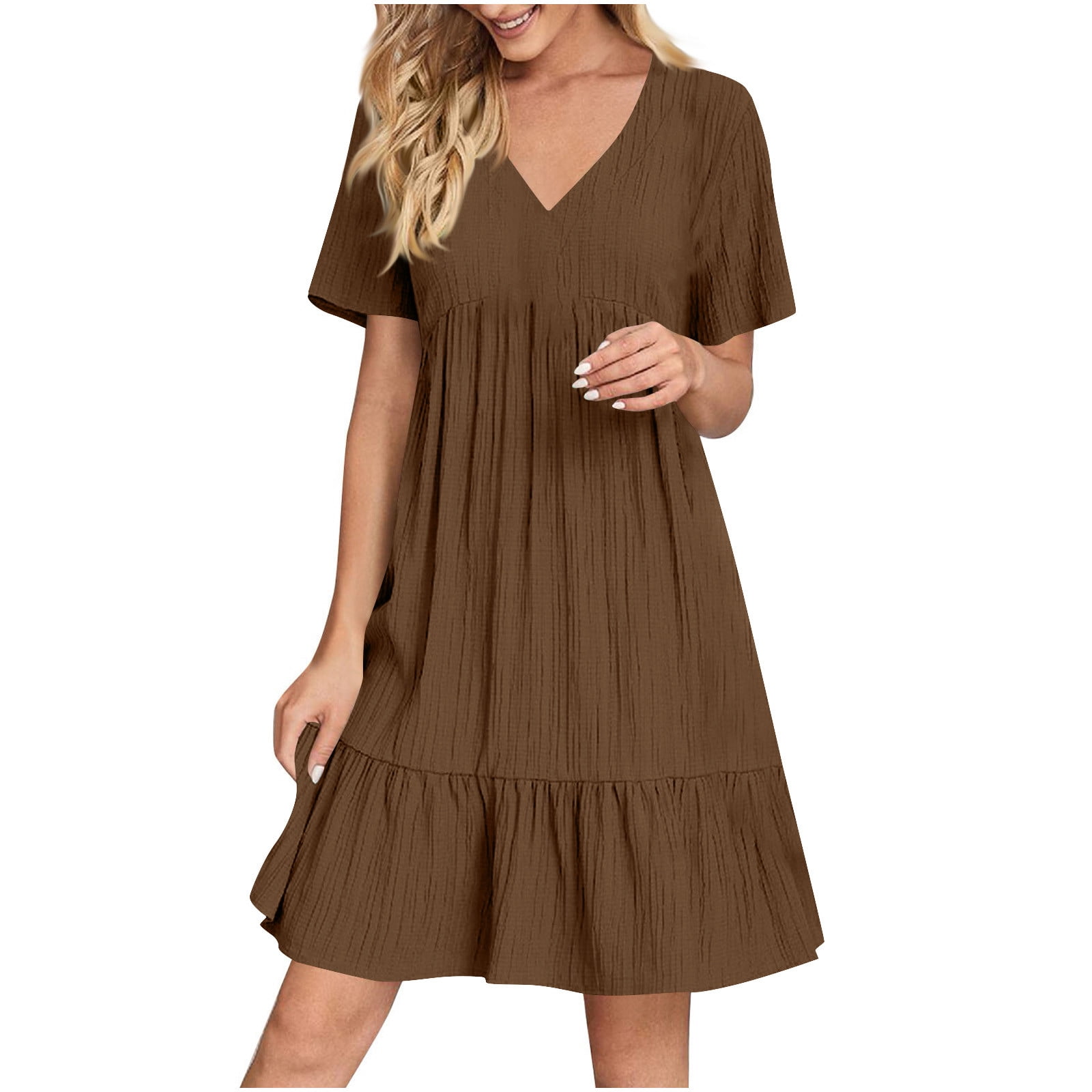 LOVZFMLL Robe d'Été pour Femme Décontractée Évasée à Manches Courtes, Col en V, à Étages, Ligne A, Fluide, Robe de Plage à Volants Longueur Genou, Robe Soleil Brun 3TG
