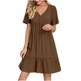 thumbnail image 1 of LOVZFMLL Robes d'Été pour Femmes Décontractées à Manches Courtes Col en V Robe de Plage Fluide à Volants Longueur Genou Marron 3TG, 1 of 9