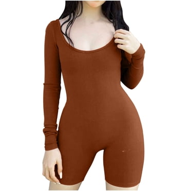 Womens Yoga Jumpsuits One Piece Workout Ribbed Long Sleeve Rompers Outfits U Neck Sport Exercise Jumpsuits Bodysuits