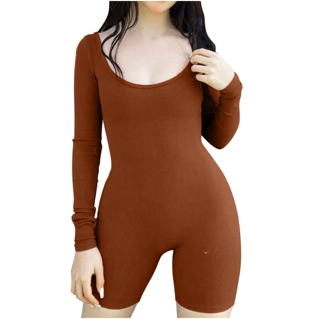 Womens Yoga Jumpsuits One Piece Workout Ribbed Long Sleeve Rompers Outfits U Neck Sport Exercise Jumpsuits Bodysuits