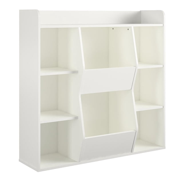 white Ameriwood Home Tyler Kids large toy storage bookcase featuring multiple open shelves and two central angled bins for organizing toys