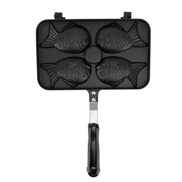 Poêle à gaufres, DEWin Taiyaki Poêle à frire 4 grilles antiadhésives double face avec poignée noire anti-brûlure Poêle à gaufres en alliage d'aluminium pour la cuisine