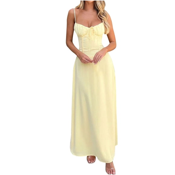 HVOBTTY Summer Casual Elegant Sleeveless Dresses for Women, Women's Fashionable Waistband Quare Neck Large Wing Dress Satin Formal Dress Yellow, M