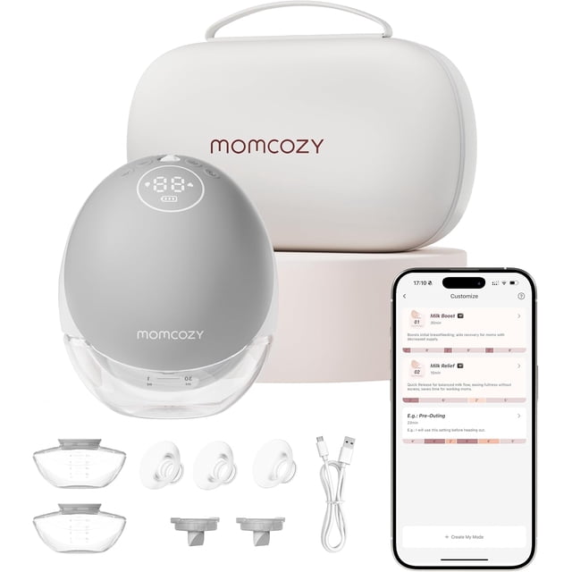 Momcozy Breast Pump Hands Free Mobile Flow | M9, featuring a discreet and wearable design with app control for personalized multi-modes and 15 suction levels. Includes a 24mm flange, additional inserts (21mm, 19mm, 17mm), stackable milk collectors, and a USB charging cable. The pump offers up to -300mmHg suction, 150ml bottle capacity, and a 30-minute auto shut-off. Displayed with a carrying case and smartphone app interface for mode customization.