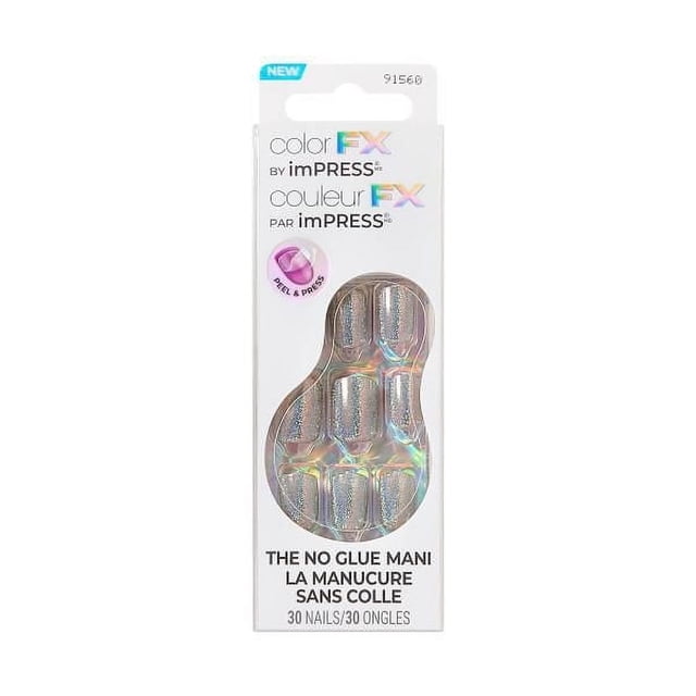 KISS imPRESS Color FX Nails - 30 Count in white packaging with a clear window showing 30 short, square-shaped press-on nails with a holographic chrome-like silver finish, designed for a no-glue peel and press manicure.
