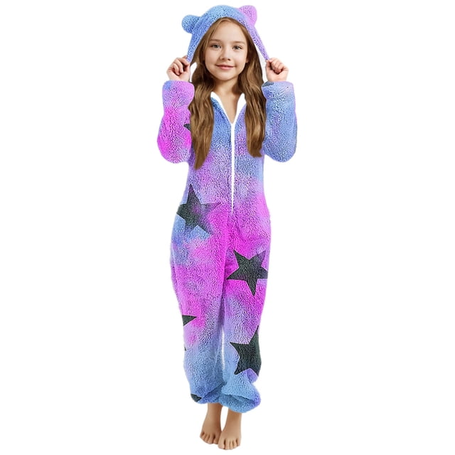 EGNMCR Combinaison Fille Manches Longues Combinaison à Capuche Pyjama Décontracté Hiver Chaud Combinaison de Nuit Fille Polyester Combinaison