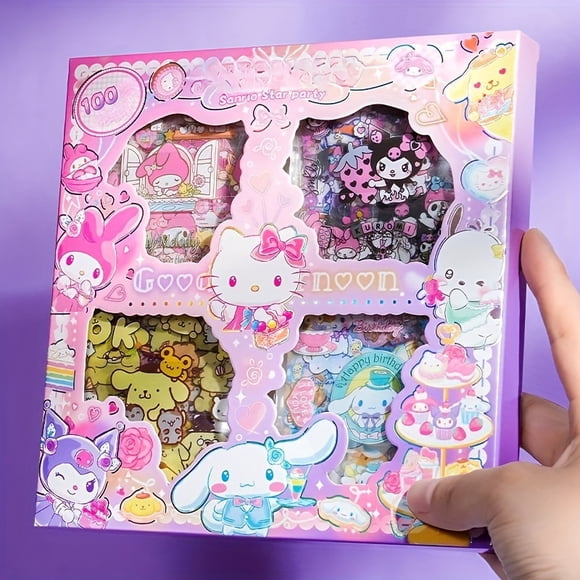 Hello Kitty & Friends Ensemble d'Autocollants de 100 Pages, sous Licence Officielle, Cinnamoroll, My Melody, Kuromi Personnages de Dessins Animés, Matériau pour Animaux Imperméable, Autocollants Mignons pour Tasse et Boîte-Cadeau, Idéal pour Cadeau de la Saint-Valentin