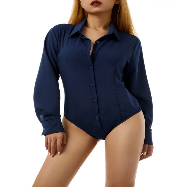 Chemises Unies pour Femmes à Boutons Combinaison Chemise Formelle Manches Longues Col Rabattu Body