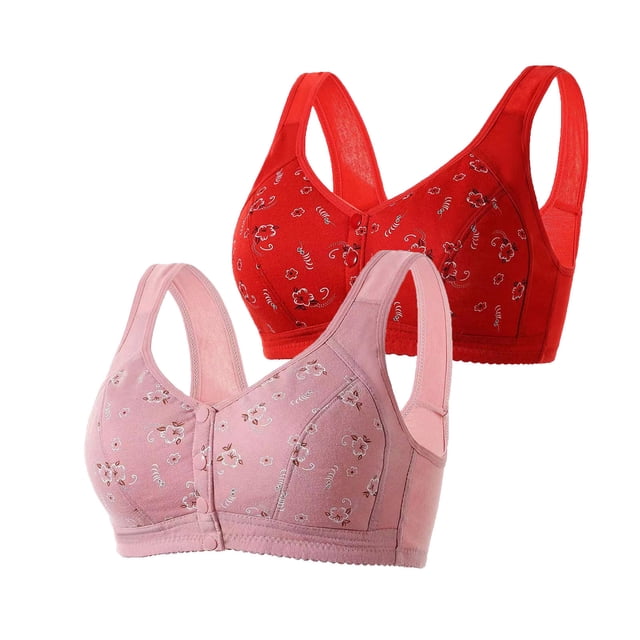 AherBiu 2pc Plus Size Bras for Women High Support Wireless Floral Bralettes Lift up Front Closure Button Everyday Bra