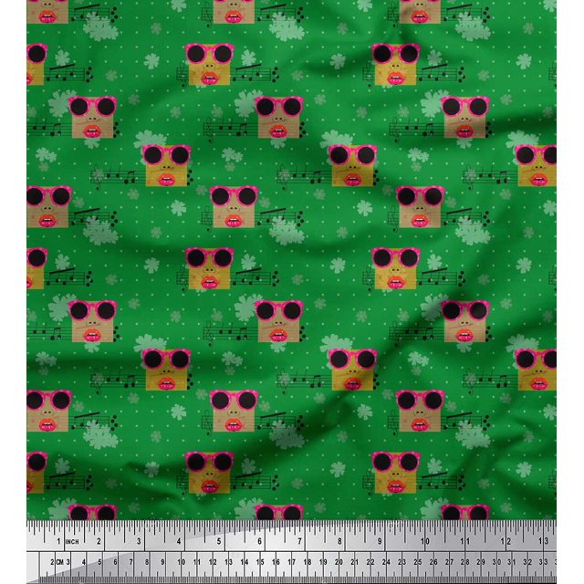 Soimoi Green Rayon Fabric Musical Notes,Dot & Goggles Fashion Fabric Prints By Yard 56 Inch Wide