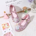 thumbnail image 2 of GPOECD Paillettes Scintillantes Fleur Talons Bas Sandales Filles Robe Fête Spectacle Danse Chaussures Strass Âges 4-9 Rose,30, 2 of 4